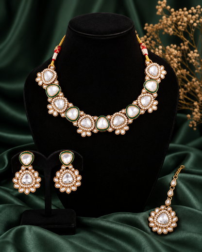 White Kashvini Premium Polki Dupe Necklace Set With Earring & Teeka