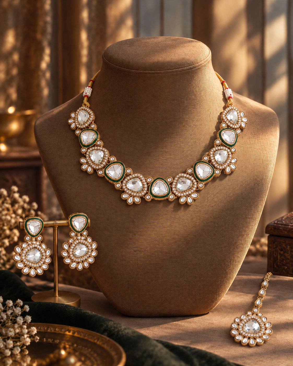 White Kashvini Premium Polki Dupe Necklace Set With Earring & Teeka