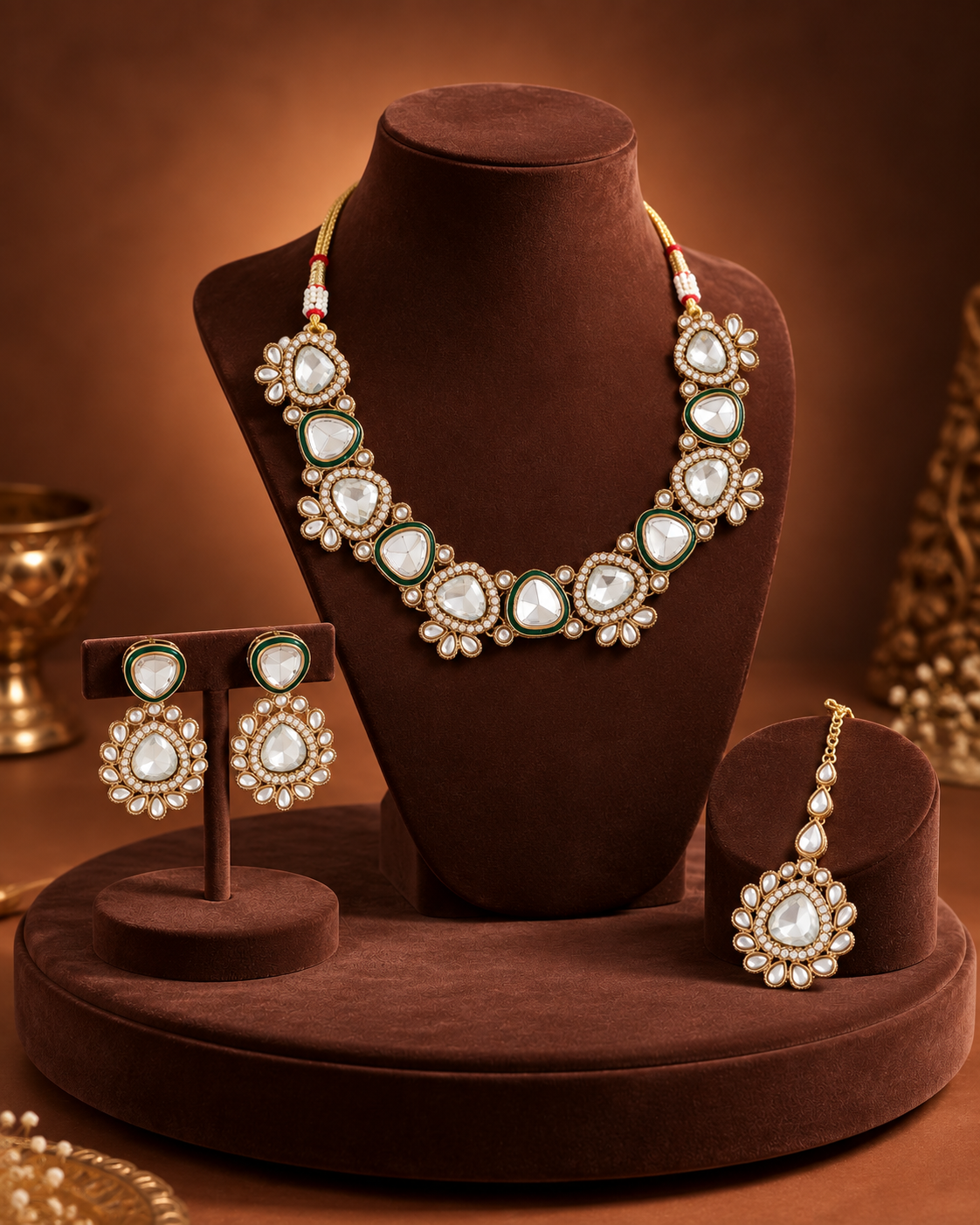 White Kashvini Premium Polki Dupe Necklace Set With Earring & Teeka