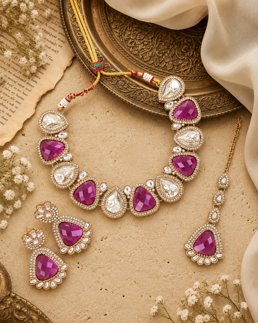 Purple Mihansika Premium Polki Dupe Necklace Set With Earring & Teeka