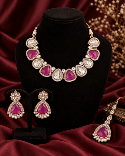 Purple Mihansika Premium Polki Dupe Necklace Set With Earring & Teeka