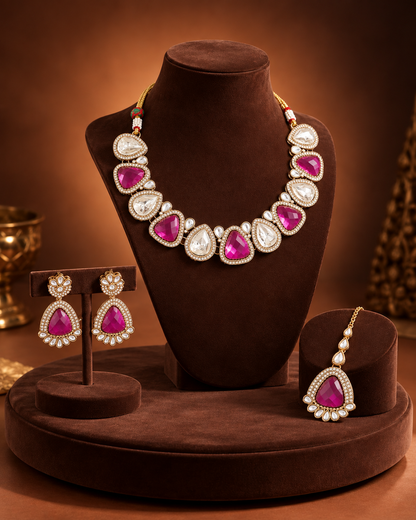 Purple Mihansika Premium Polki Dupe Necklace Set With Earring & Teeka