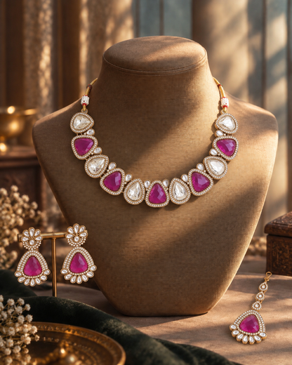 Purple Mihansika Premium Polki Dupe Necklace Set With Earring & Teeka