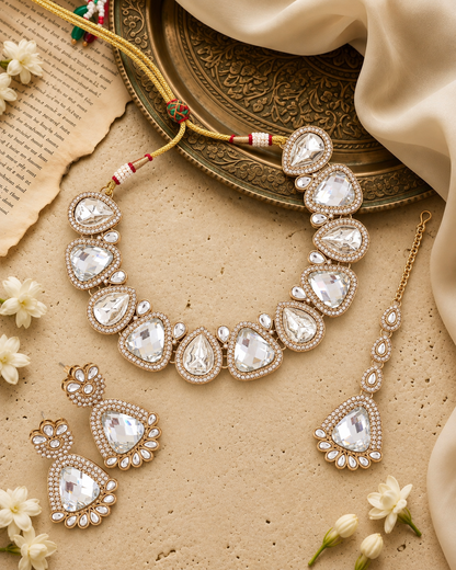White Mihansika Premium Polki Dupe Necklace Set With Earring & Teeka