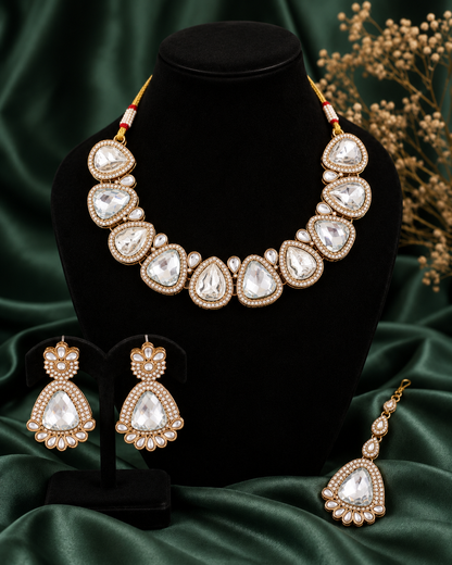 White Mihansika Premium Polki Dupe Necklace Set With Earring & Teeka