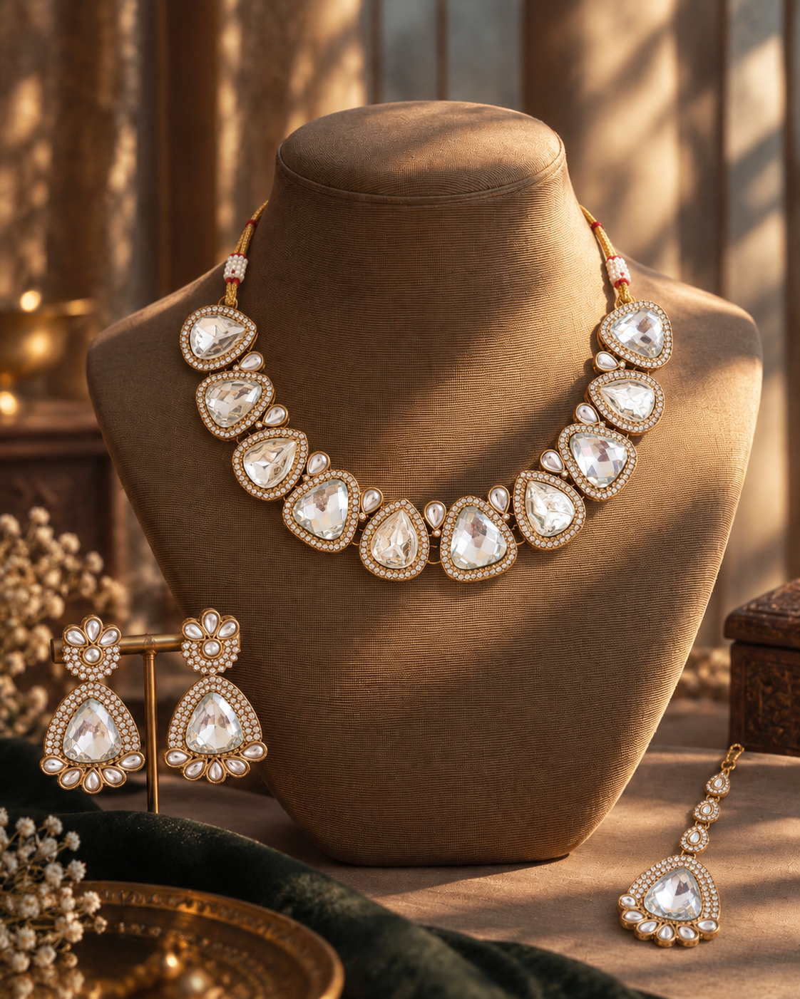 White Mihansika Premium Polki Dupe Necklace Set With Earring & Teeka