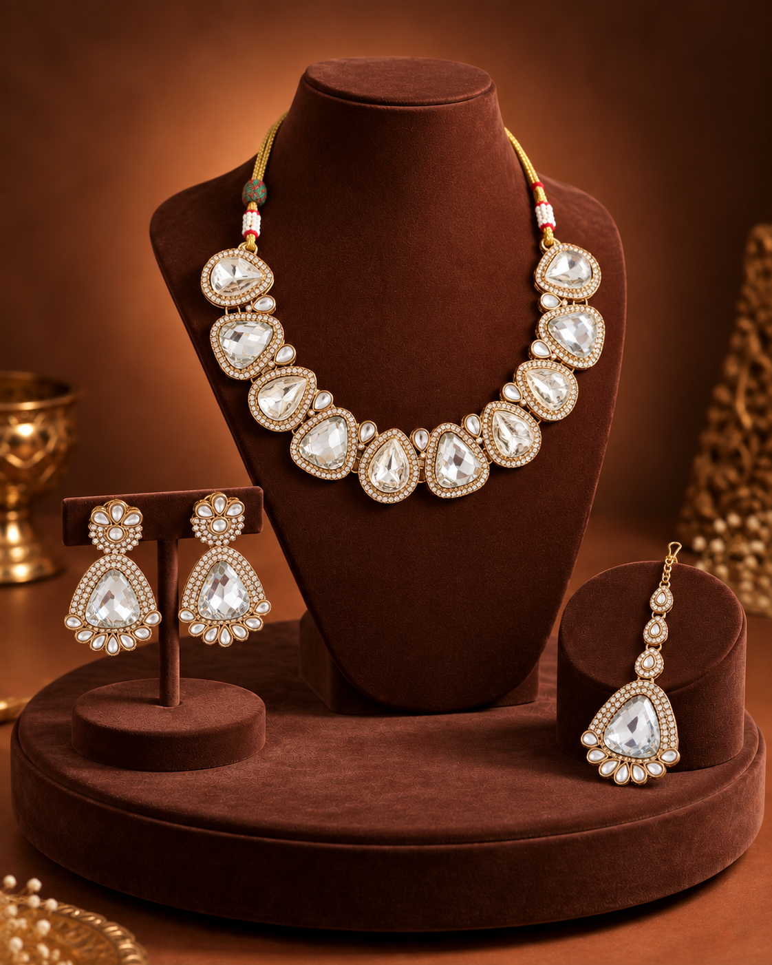 White Mihansika Premium Polki Dupe Necklace Set With Earring & Teeka