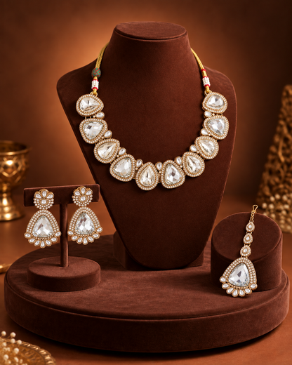 White Mihansika Premium Polki Dupe Necklace Set With Earring & Teeka