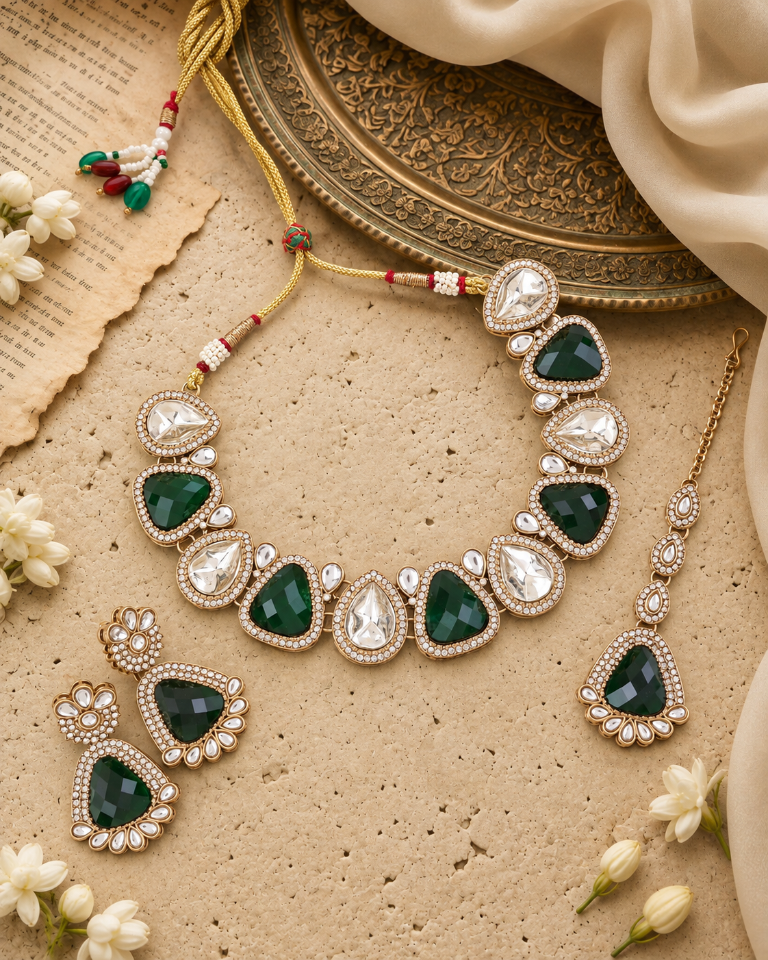 Green Mihansika Premium Polki Dupe Necklace Set With Earring & Teeka