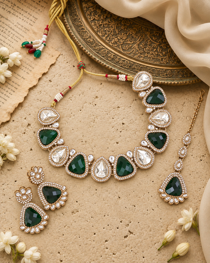 Green Mihansika Premium Polki Dupe Necklace Set With Earring & Teeka