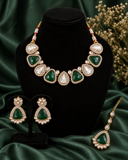 Green Mihansika Premium Polki Dupe Necklace Set With Earring & Teeka
