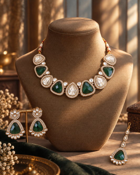 Green Mihansika Premium Polki Dupe Necklace Set With Earring & Teeka