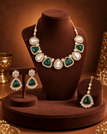 Green Mihansika Premium Polki Dupe Necklace Set With Earring & Teeka