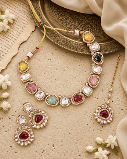 Multi Kairisha Premium Polki Dupe Necklace Set With Earring & Teeka