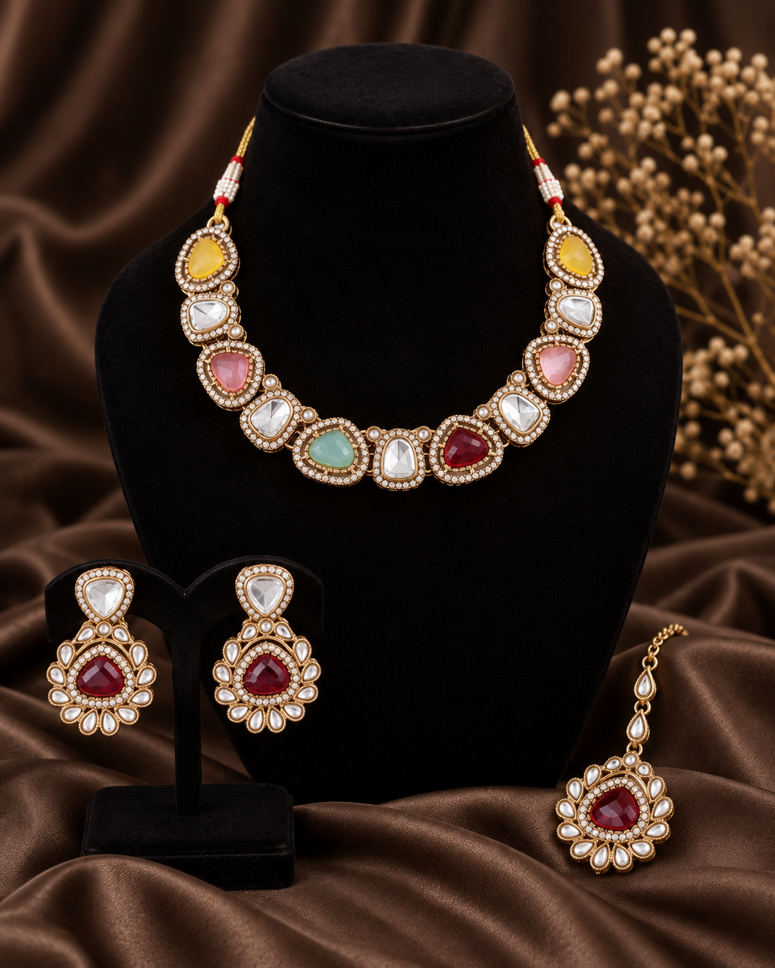 Multi Kairisha Premium Polki Dupe Necklace Set With Earring & Teeka
