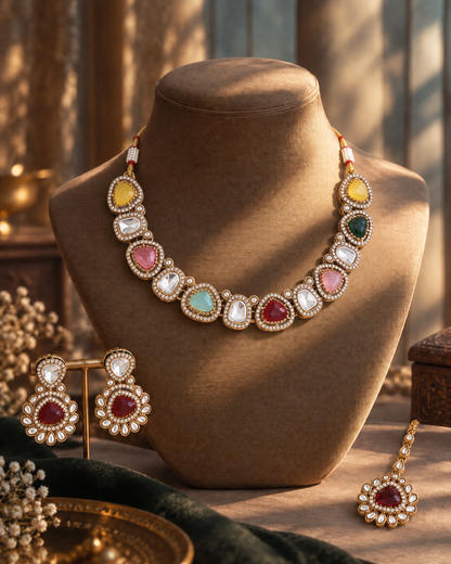 Multi Kairisha Premium Polki Dupe Necklace Set With Earring & Teeka