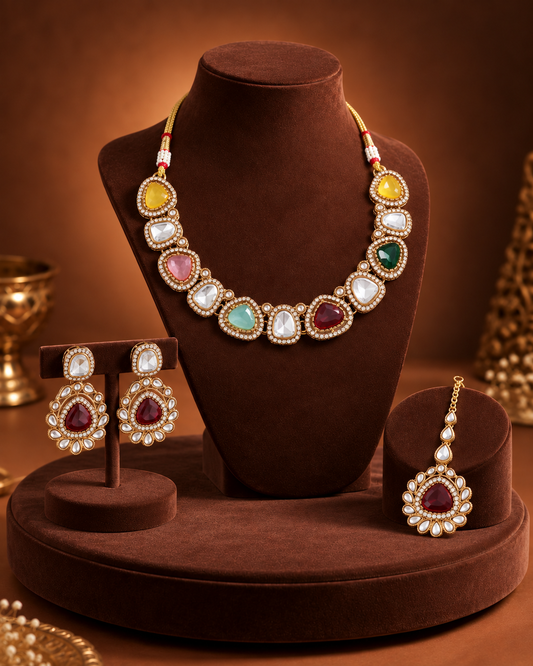 Multi Kairisha Premium Polki Dupe Necklace Set With Earring & Teeka
