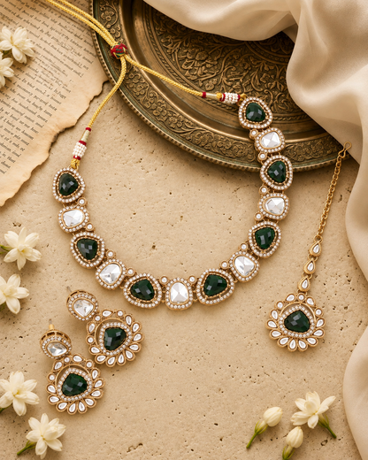 Green Kairisha Premium Polki Dupe Necklace Set With Earring & Teeka