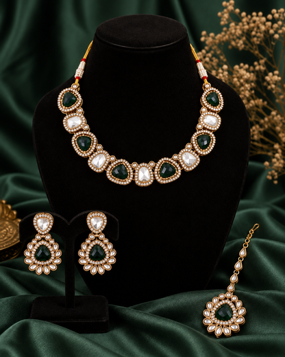 Green Kairisha Premium Polki Dupe Necklace Set With Earring & Teeka