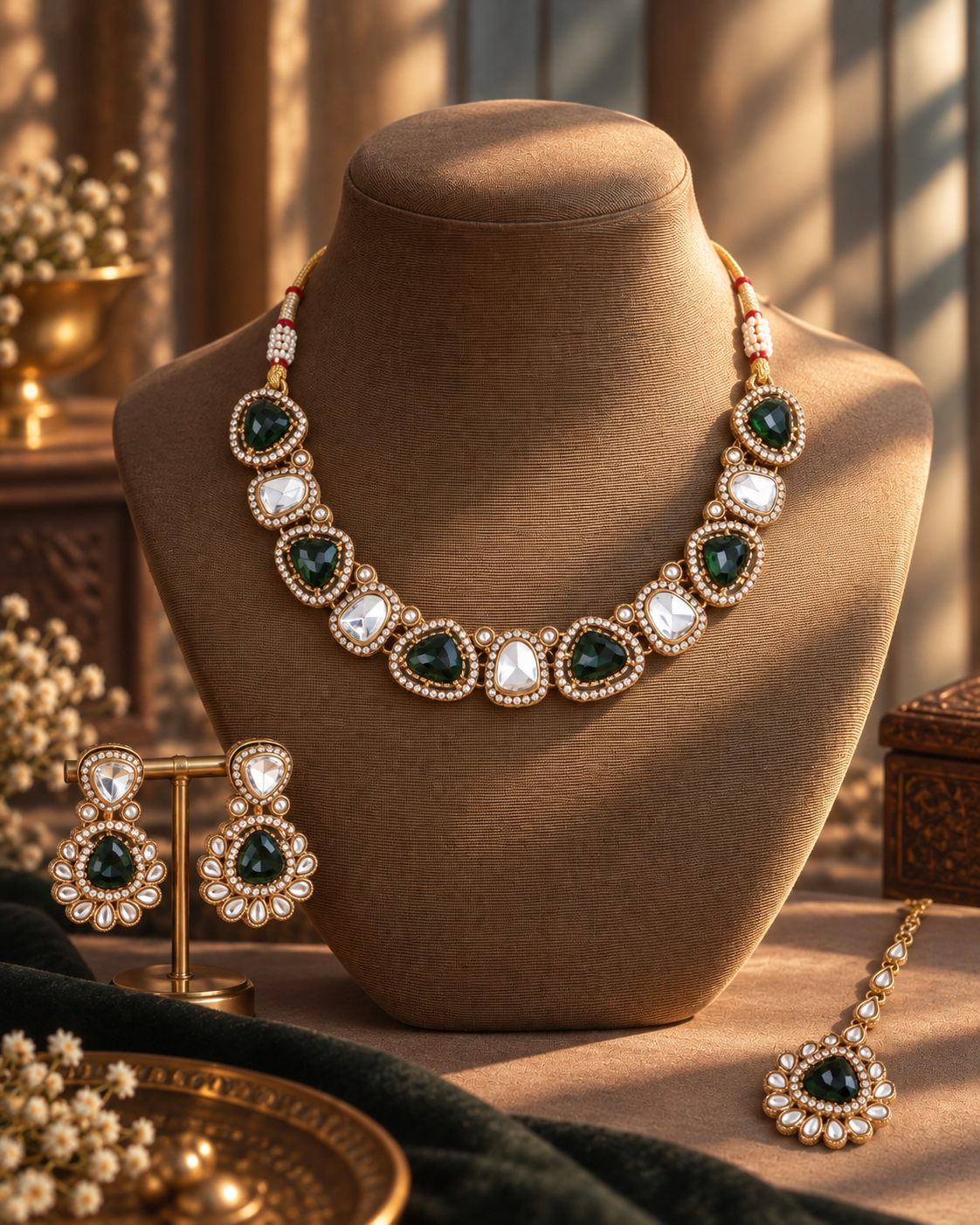 Green Kairisha Premium Polki Dupe Necklace Set With Earring & Teeka