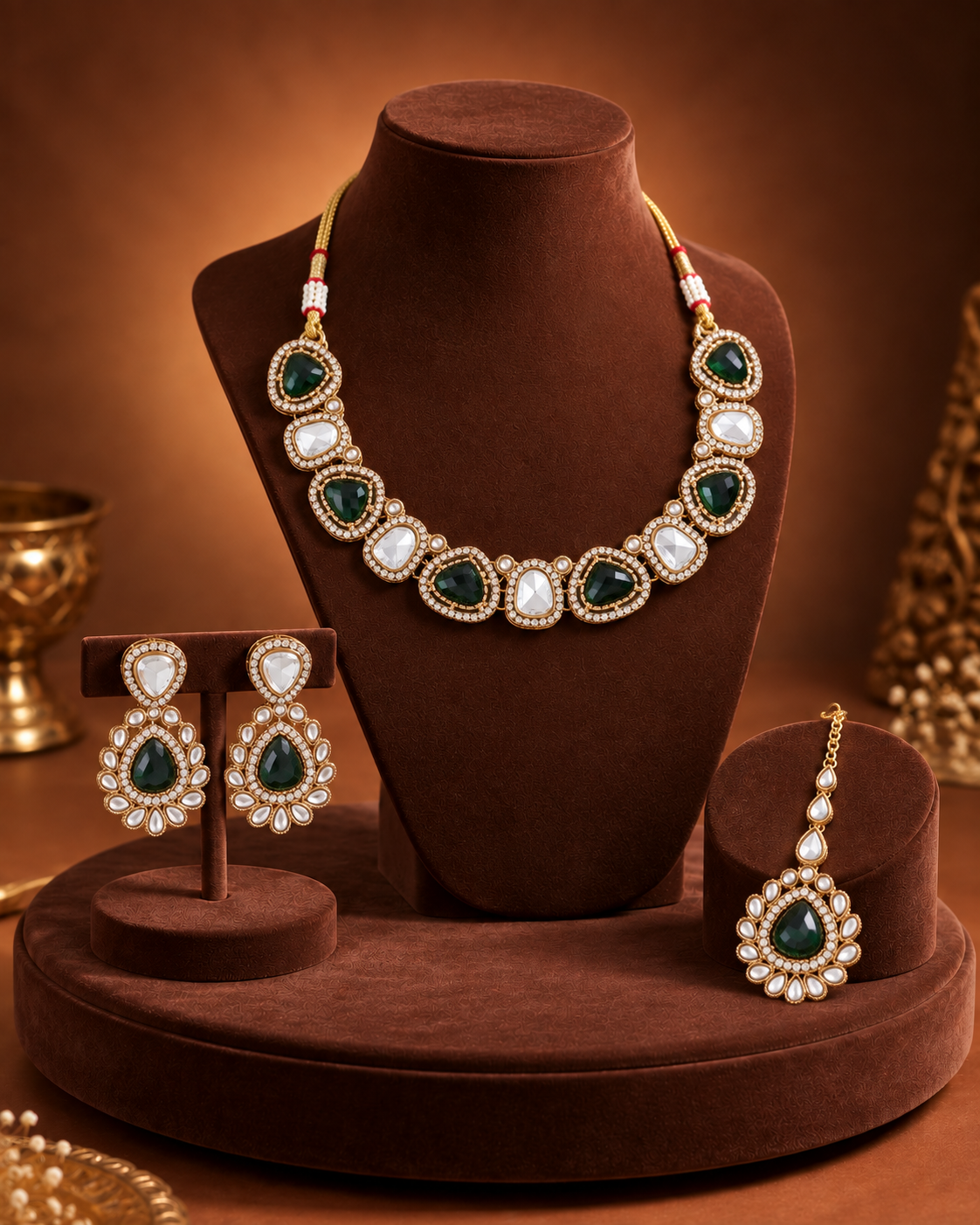 Green Kairisha Premium Polki Dupe Necklace Set With Earring & Teeka