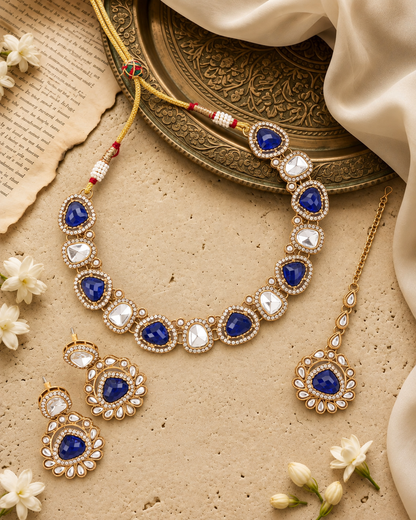 Blue Kairisha Premium Polki Dupe Necklace Set With Earring & Teeka