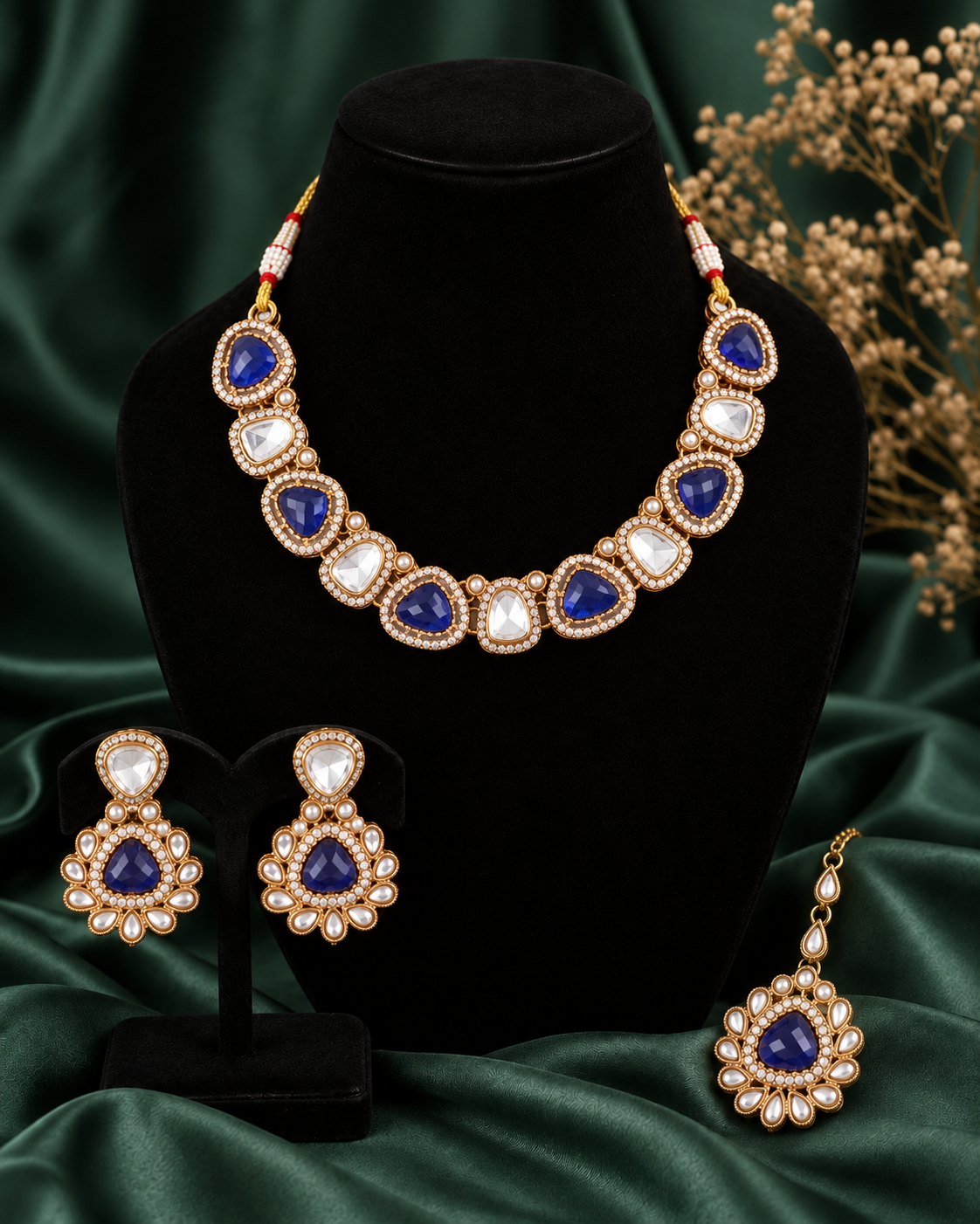 Blue Kairisha Premium Polki Dupe Necklace Set With Earring & Teeka