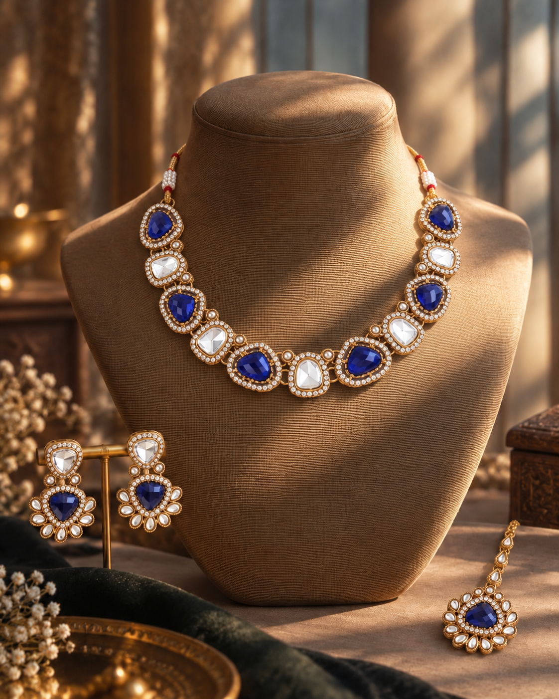 Blue Kairisha Premium Polki Dupe Necklace Set With Earring & Teeka