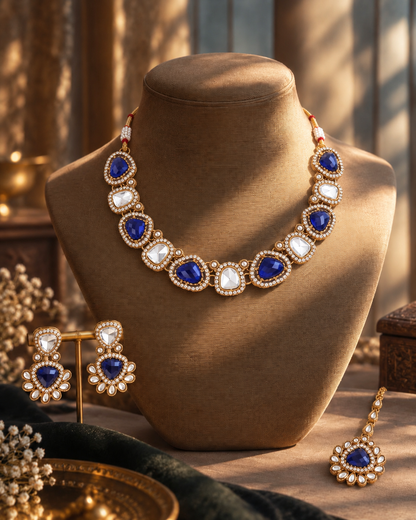 Blue Kairisha Premium Polki Dupe Necklace Set With Earring & Teeka