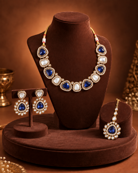 Blue Kairisha Premium Polki Dupe Necklace Set With Earring & Teeka
