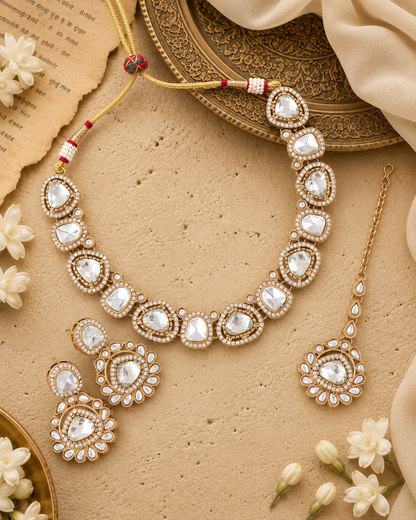 White Kairisha Premium Polki Dupe Necklace Set With Earring & Teeka