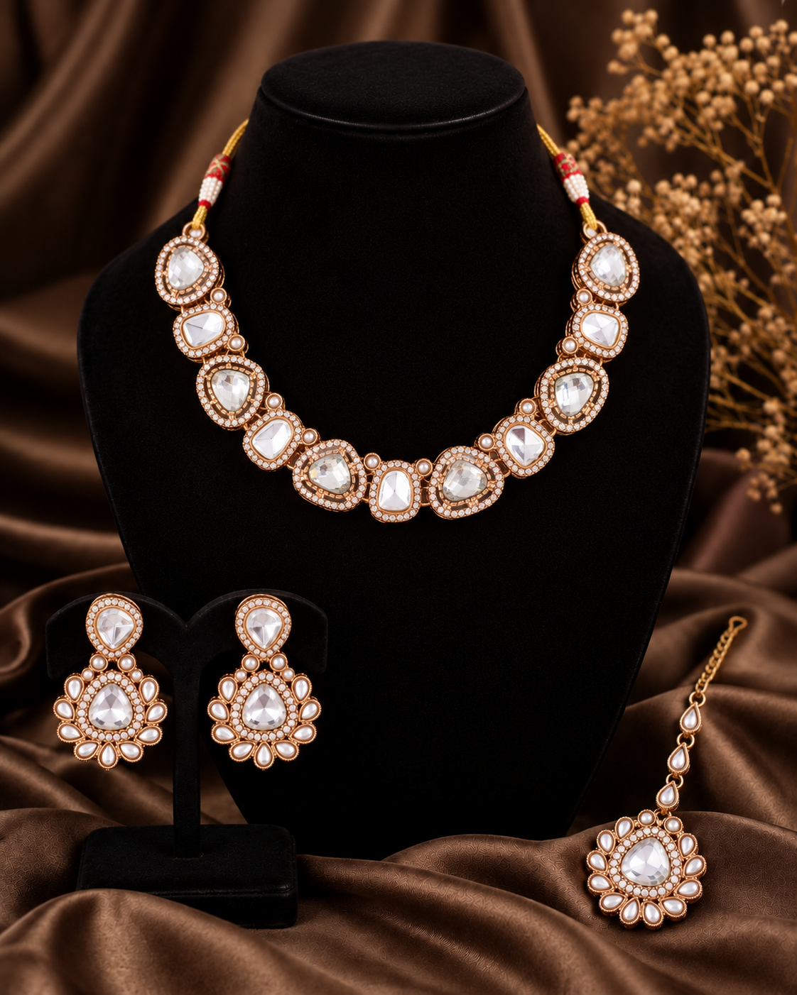 White Kairisha Premium Polki Dupe Necklace Set With Earring & Teeka