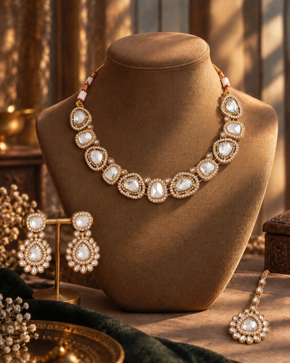 White Kairisha Premium Polki Dupe Necklace Set With Earring & Teeka