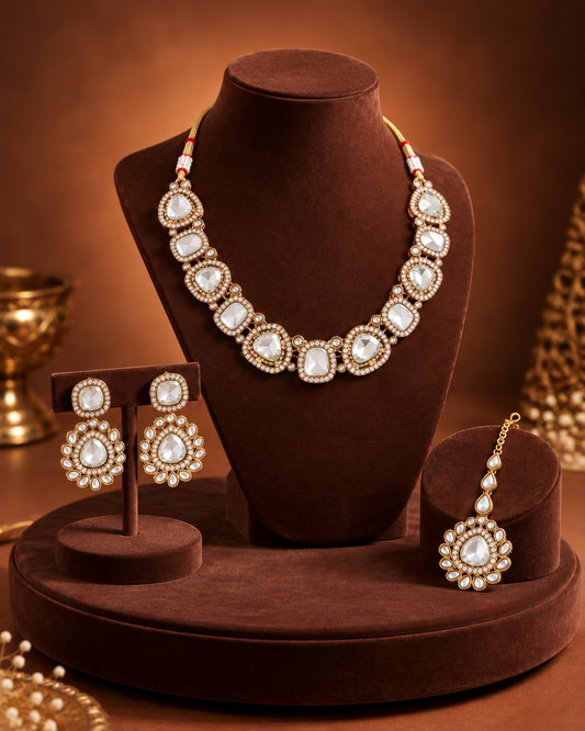 White Kairisha Premium Polki Dupe Necklace Set With Earring & Teeka