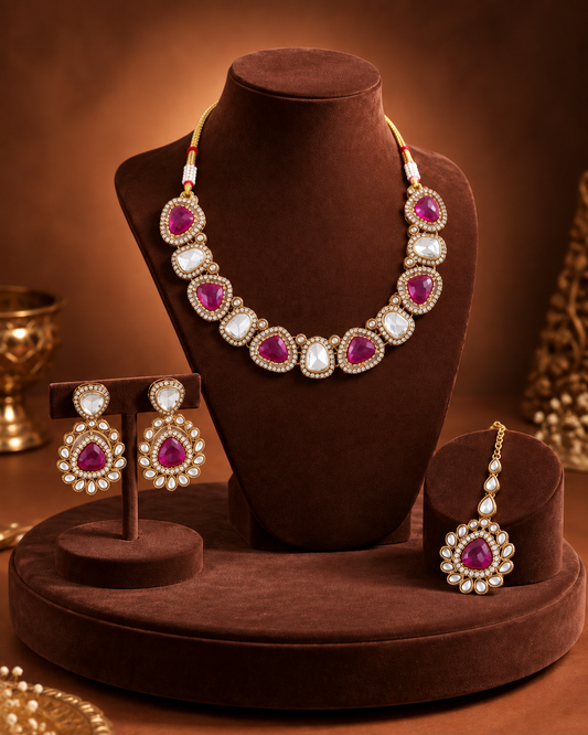 Purple Kairisha Premium Polki Dupe Necklace Set With Earring & Teeka