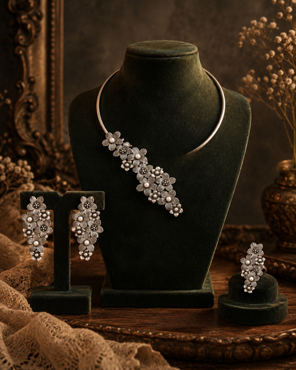 Zehera Oxidised Floral Pearl Necklace Set with Earrings & Ring