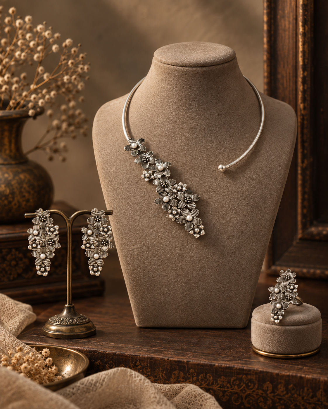 Zehera Oxidised Floral Pearl Necklace Set with Earrings & Ring