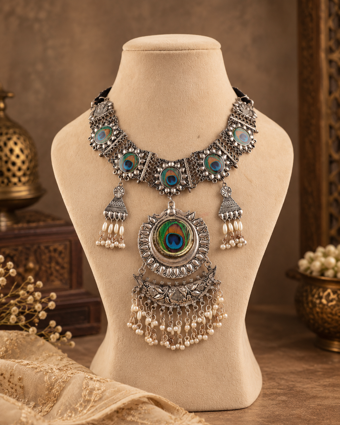 Silver Ahana Oxidised Peacock Feather Necklace