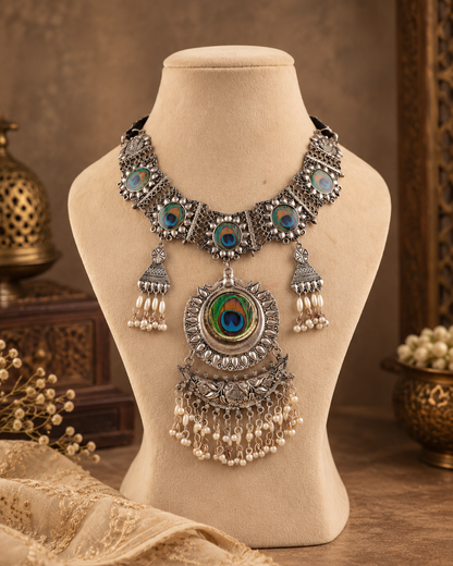 Silver Ahana Oxidised Peacock Feather Necklace