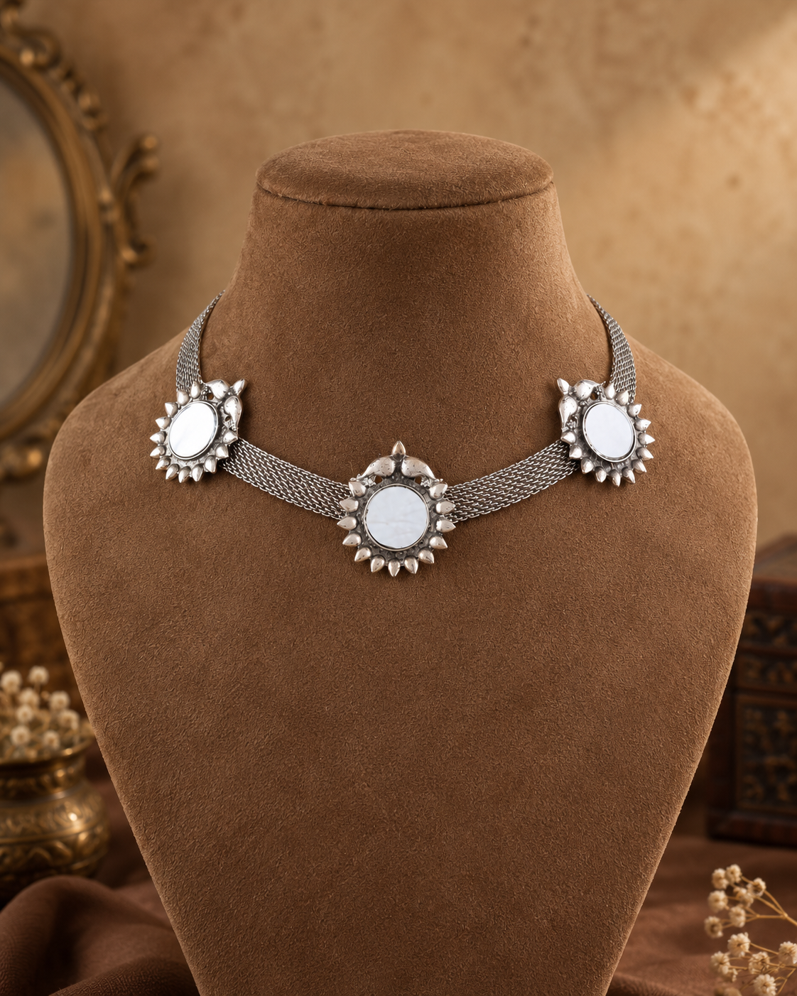 Zuri Oxidised Silver Mirrorwork Choker Necklace
