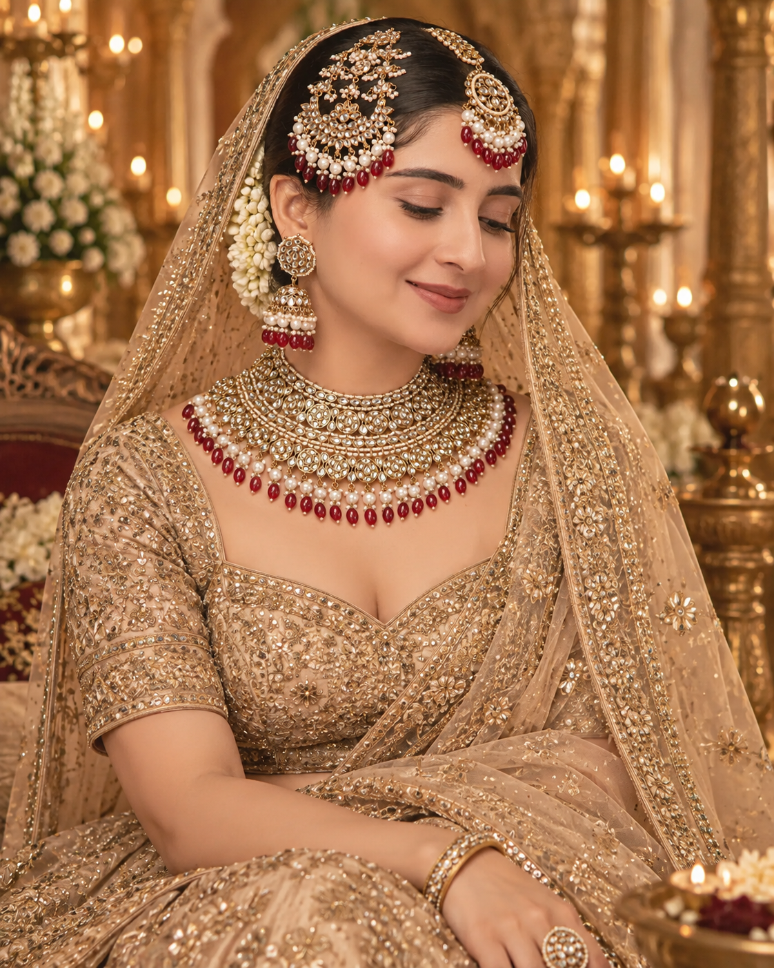 Maroon Navneet Statement Necklace Earring with Teeka and Side Jhumar/Passa