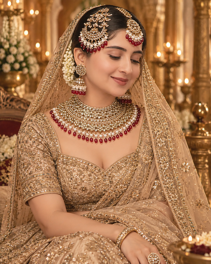 Maroon Navneet Statement Necklace Earring with Teeka and Side Jhumar/Passa