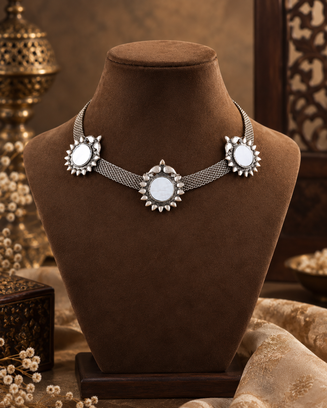 Zuri Oxidised Silver Mirrorwork Choker Necklace