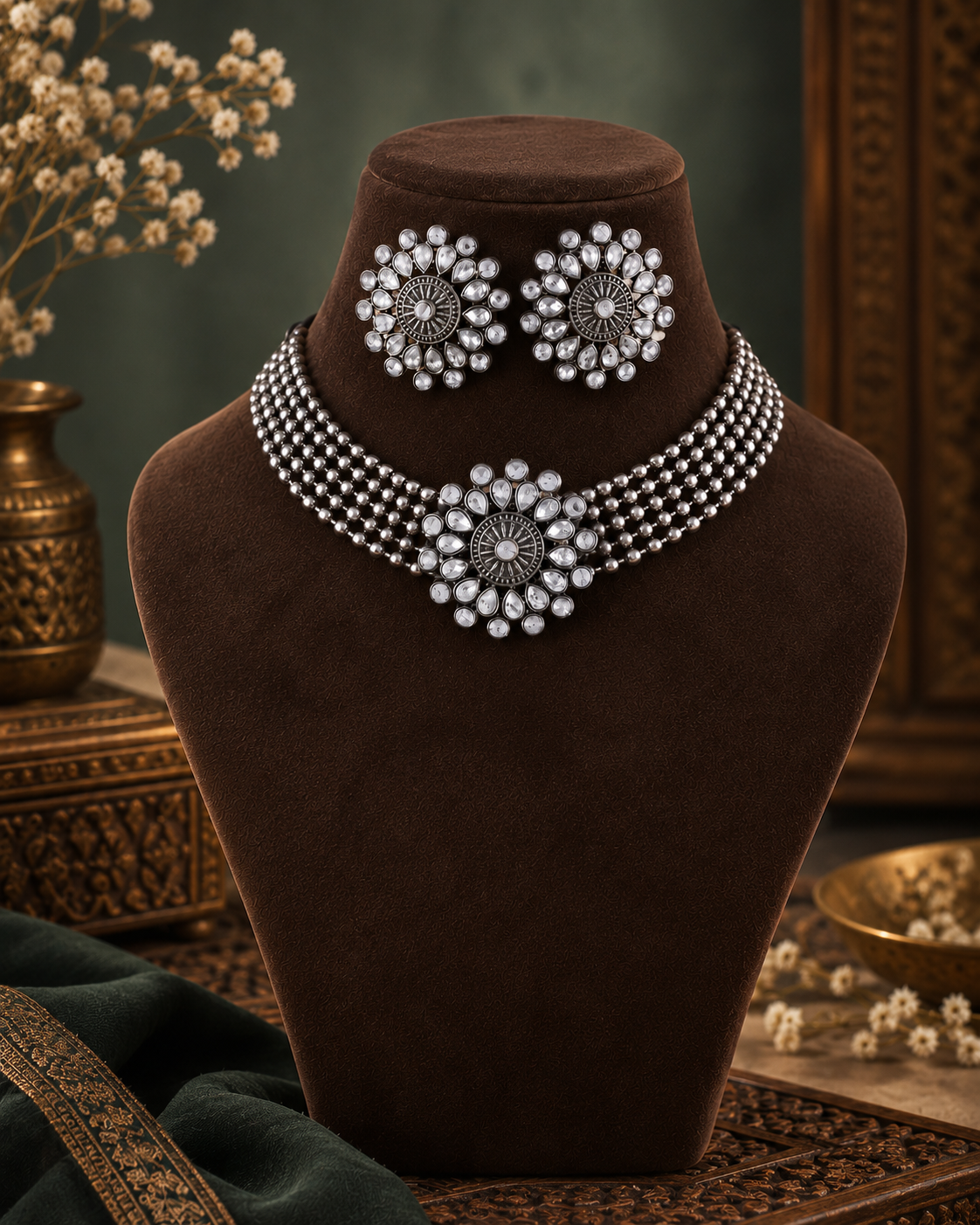 Naaz Oxidised Silver Necklace Set With Earrings