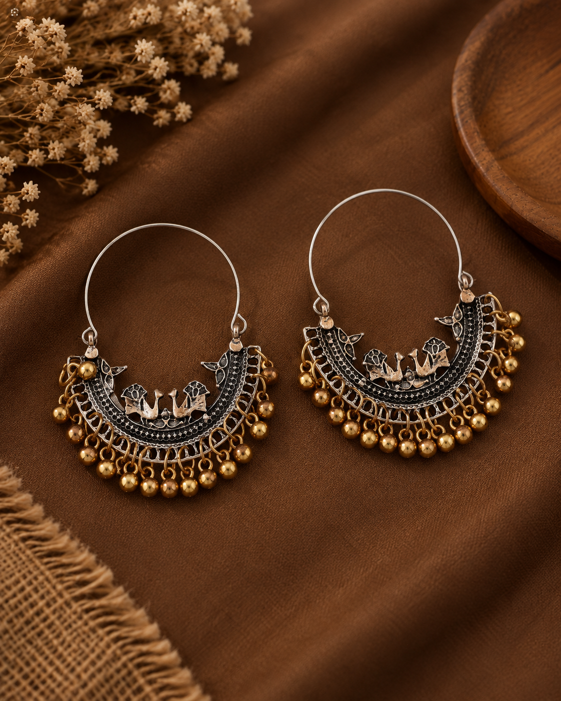 Zunaira Oxidised Dual-Tone Chandbali Earrings