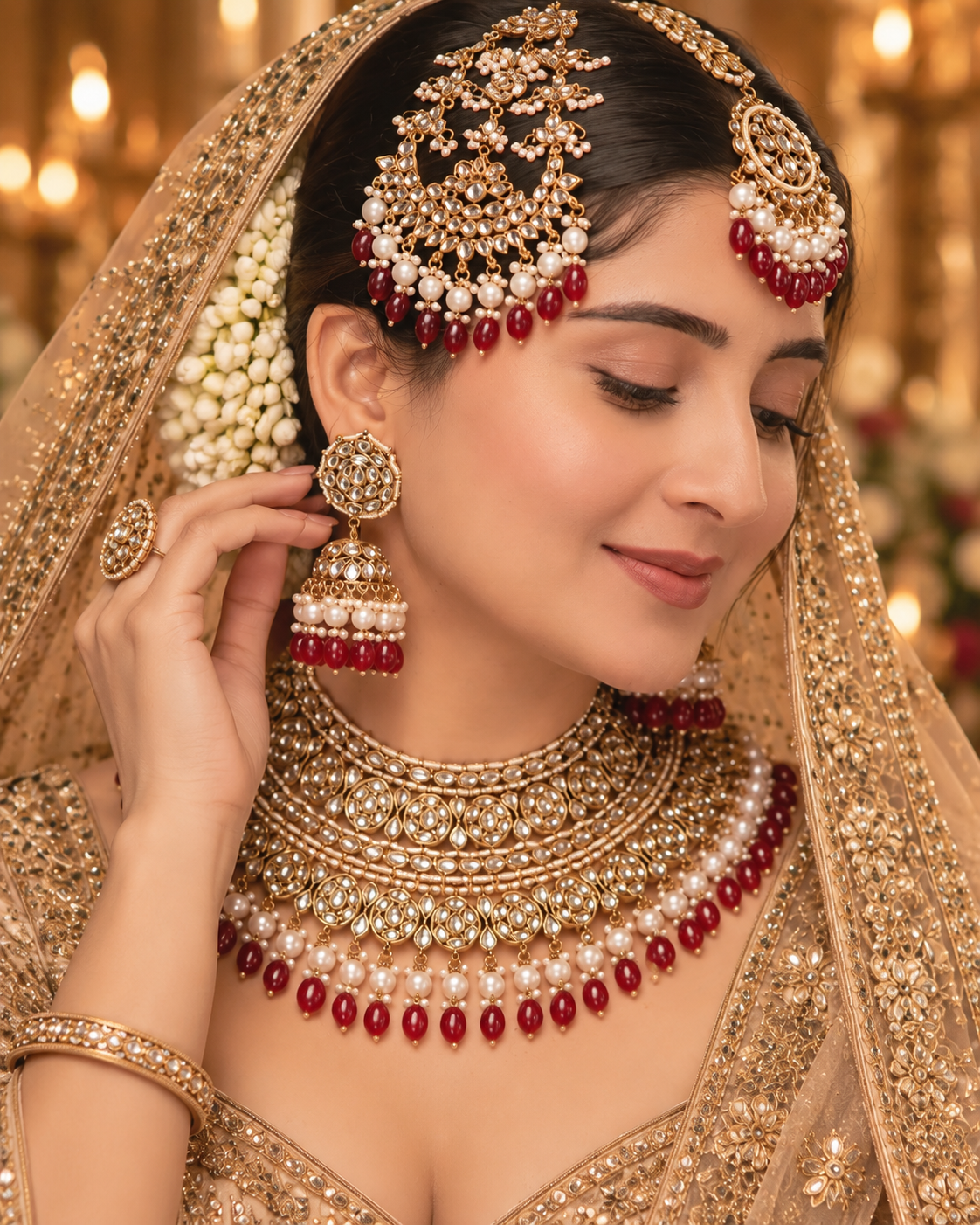Maroon Navneet Statement Necklace Earring with Teeka and Side Jhumar/Passa