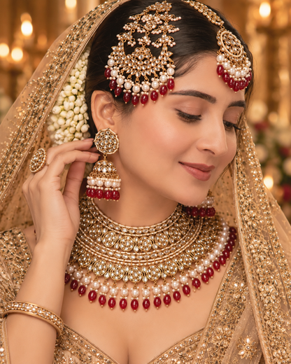 Maroon Navneet Statement Necklace Earring with Teeka and Side Jhumar/Passa