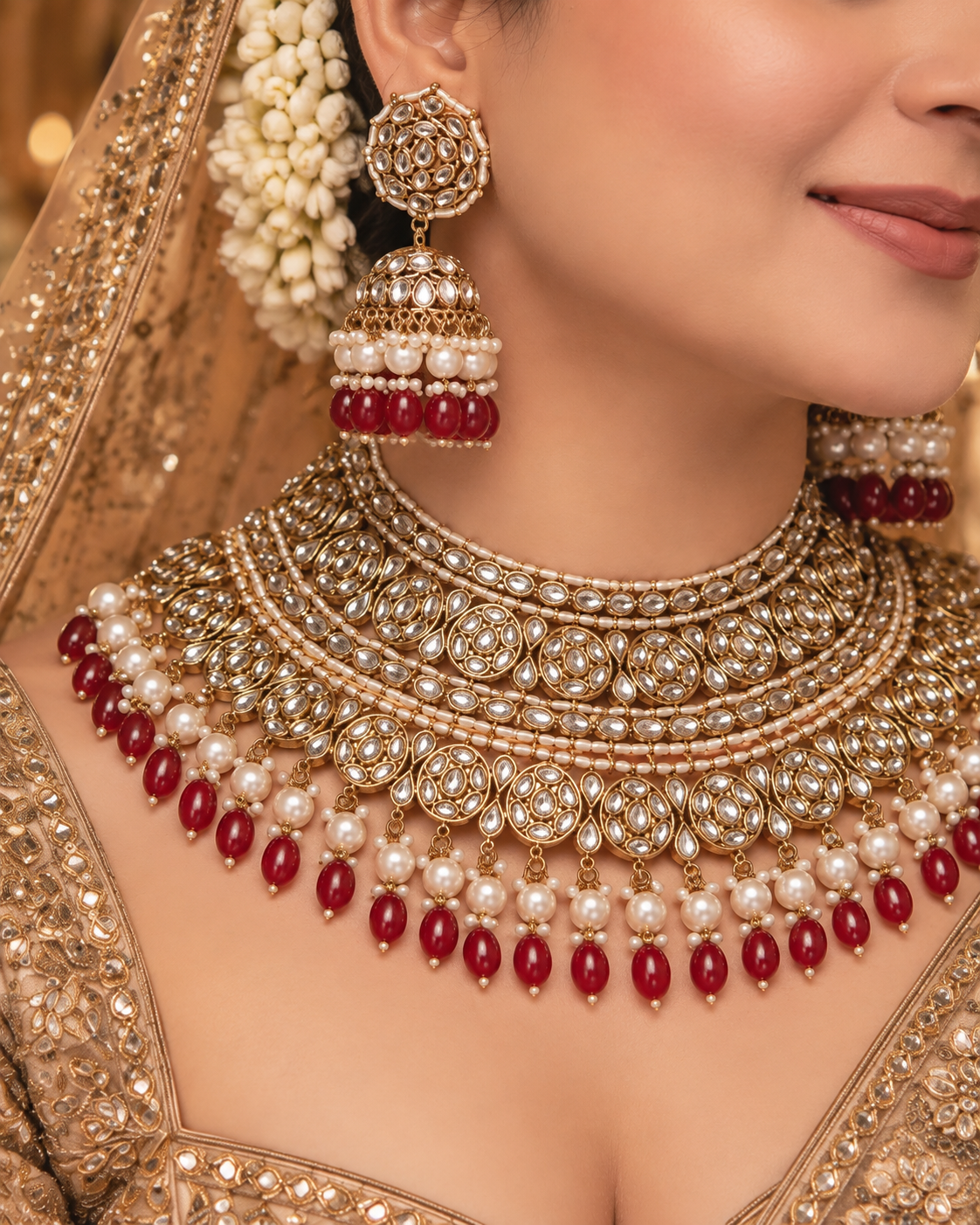 Maroon Navneet Statement Necklace Earring with Teeka and Side Jhumar/Passa
