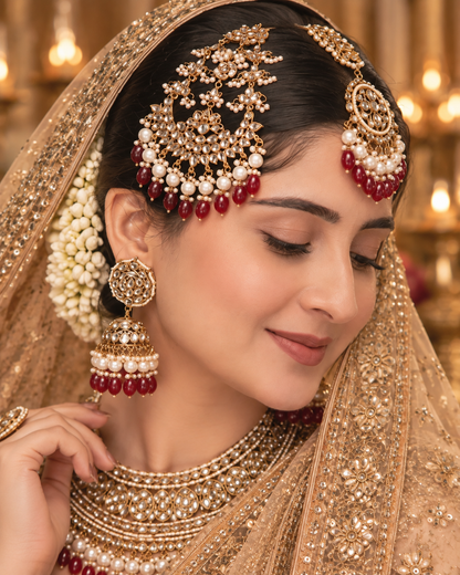 Maroon Navneet Statement Necklace Earring with Teeka and Side Jhumar/Passa