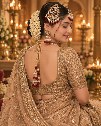 Maroon Navneet Statement Necklace Earring with Teeka and Side Jhumar/Passa